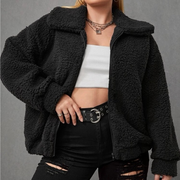 Cozy plus size black zip up teddy jacket - Picture 1 of 5